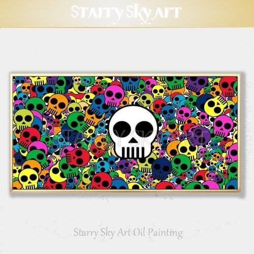 Funny Wall Art Cartoon Skull Oil Painting Hand-painted Modern Fine Art Colorful Skull Heap Oil Painting for Friend Unique Gift
