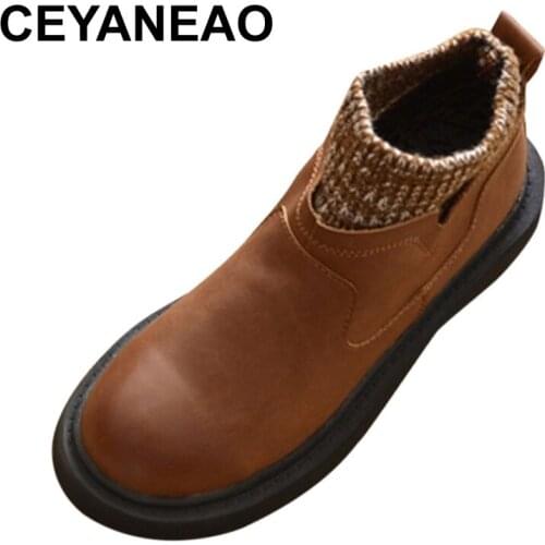 CEYANEAOFashion Boots Women Winter Women Chelsea Soft Leather Boots Female Botas Plush Ankle Inside Warm Shoes