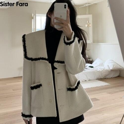 Sister Fara Spring Autumn New Womans Turn-Down Collar Cardigan Jacket Triple Breasted All-Match Contrast OL Office Lady Coat