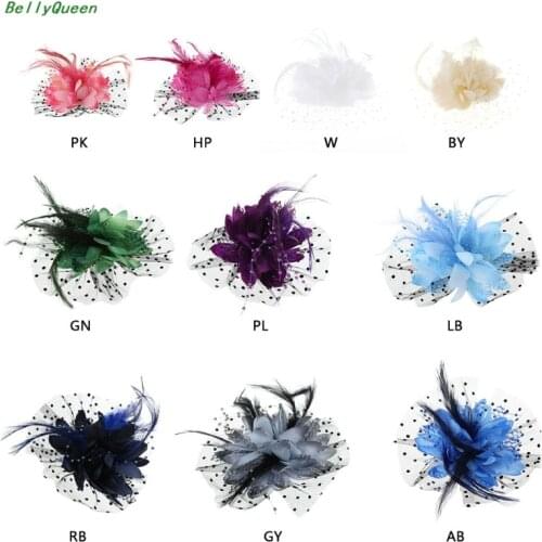 Women Bridal Mesh Bow Feather Beads Wedding Fascinator Dot Veil Hair Clip Brooch