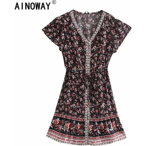 Boho women hippie floral print deep V-neck Bohemian mini dress Summer ladies short sleeve rayon dresses vestidos