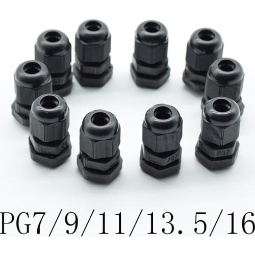10pcs IP68 Black PG7 PG9 PG11 PG13.5 PG16 for 3-6.5mm-14mm Wire Cable CE Waterproof Nylon Plastic Cable Gland Connector