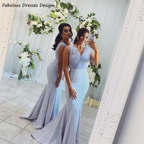 2021 Sky Blue Long Bridesmaid Dresses Mermaid Sleeveless V-neck Women Wedding Party Dress Robe De Soiree De Mariage