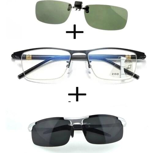 3Pcs!!!rectangular Metal Black Business Reading Glasses Men Women + Polarized Sunglasses Sports Ultraligero + Sunglasses Clip