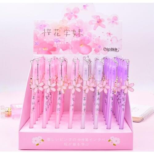 48pcs Writing Pen Black Gel Ink Pen Cherry blossom pendant Pen for writing Cute stationery Kawaii office school supplies 0.5mm