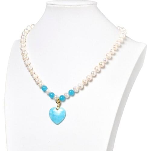 8-9mm White and Blue Beads with Blue Heart-shaped 25*24*6mm Pendant for Natural Pearls Necklace 18inch Preferred Gifts H505