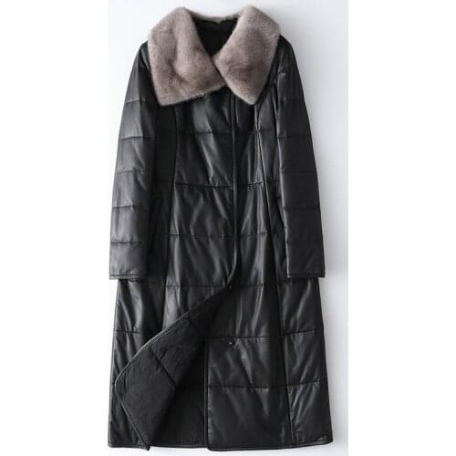 Free Shipping Fashion New Mink Fur Collar Leather Down Jacket Womens Sheepskin Loose Black Coat Thick Warm Windbreak Clothes