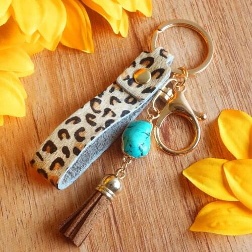 Genuine Leather Wristband Leopard Keychain Velvet Tassel Natural Stone Key Chains Real Leather Zebra Leather Key Rings Jewelry