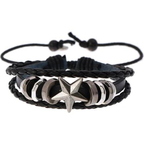 Star Beads Punk Black Bracelet Vintage Alloy Charm Adjustable Leather Bangle Wrap Wristbands Fashion Rock Women Men Jewelry Gift