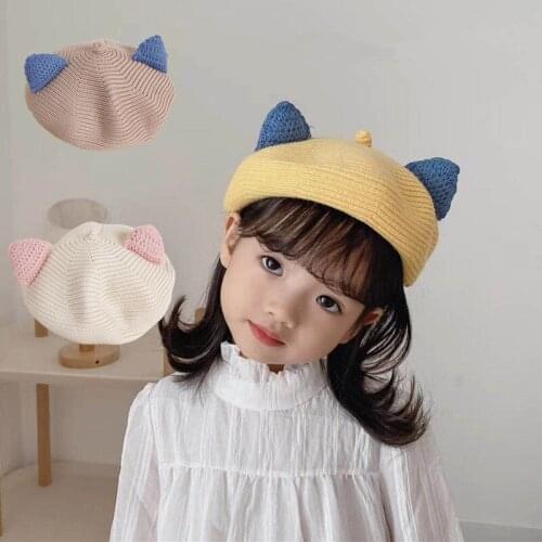 Toddlers Kids Cartoon Cat Beret Caps New Autumn Winter Warm Children Knitted Lovely Hats 2-6y