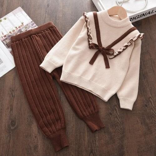Melario Winter Girls Knitted Casual Thicken Clothes Sets Kids Fall Warm Long Sleeve Bow Sweater Pants 2pcs Set Children Outfits