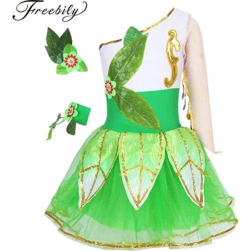 Kids Girls One Shoulder Long Sleeve Sequins Ballet Tutu Dress with Hair Clip Wristband Set Child Stage Performance Dance Costume