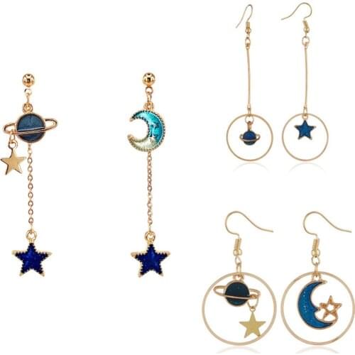 Enamel Moon Star Earth Planet Drop Hook Earrings Long Pendant Dangle Jewelry for Woman Girls