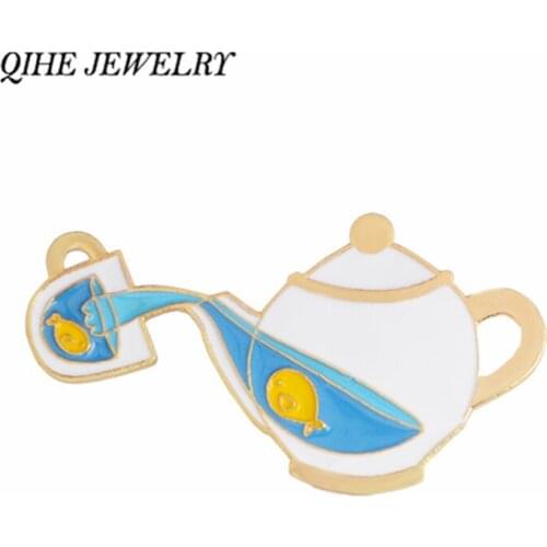 QIHE JEWELRY Fish Tea Pot Enamel pins Badges Brooches for men women Cut Kawaii Pins Backpack Hat Bag Accessories