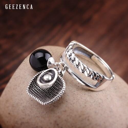 925 Sterling Thai Silver Black Agate Lucky Ring Original Design Vintage Cute Charm Open Rings Fine Jewelry For Women