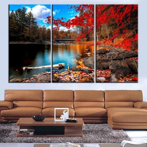 Beautiful fall red leaves landscape canvas painting lake tree stone wall pictures home decoration painting on canvas no frame