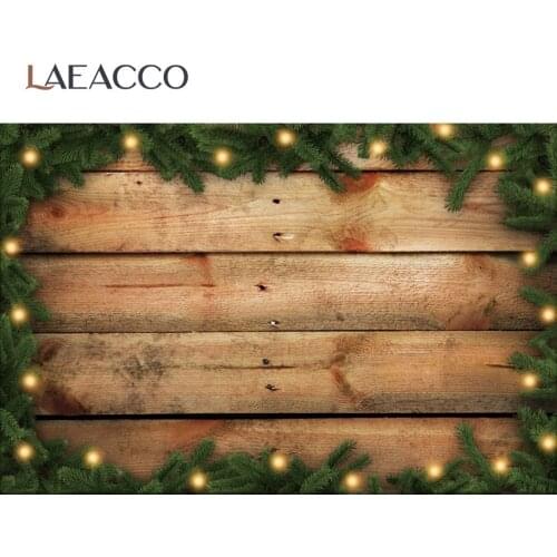 Laeacco Winter Pine Branches Shiny Lights Wooden Board Wall Backdrop For Photography Christmas Party Wood Plank Photo Background