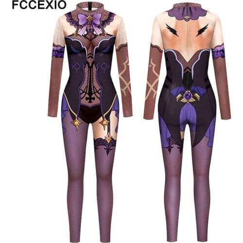 FCCEXIO Genshin Impact Suit Fashion 3D Cosplay Game Anime Print Women Costume Jumpsuit Sexy Bodysuits For Female
