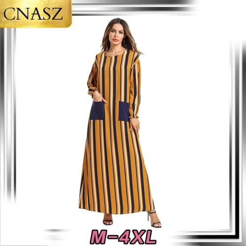 Muslim Dress Dubai Simple Fashion Long Sleeve Skirt Islamic Turkey Striped Thin Panel Dress Middle East Arab Kimono Moroccan