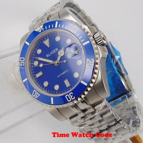 40mm Bliger Automatic Mens Wristwatches Blue Dial Japan Genuine Miyota 8215 Movement Sapphire Glass Jubilee Bracelet Luminous