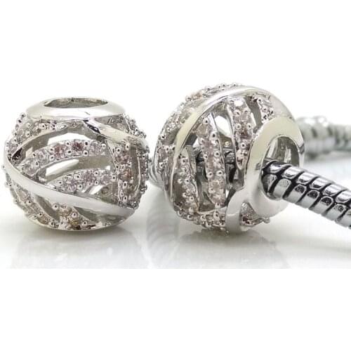 New Silver Color Beads Micro Pave CZ Leaf Laugh Bead Fit For pandora Charms Bracelets DIY European Women Jewelry