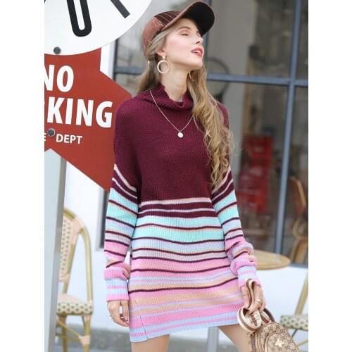 Autumn Winter Striped Loose Knitted Sweater Dresses Women Long Sleeve Turtleneck Pullover Female Sweater Dress Vestidos