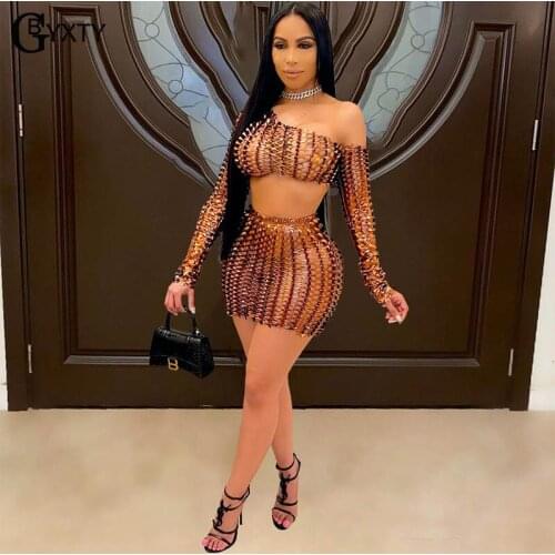 GBYXTY Sexy Hollow Out Fishnet Two Piece Skirt Set One Shoulder Long Sleeve Crop Top and Mini Skirt Club Party Suits ZL1174