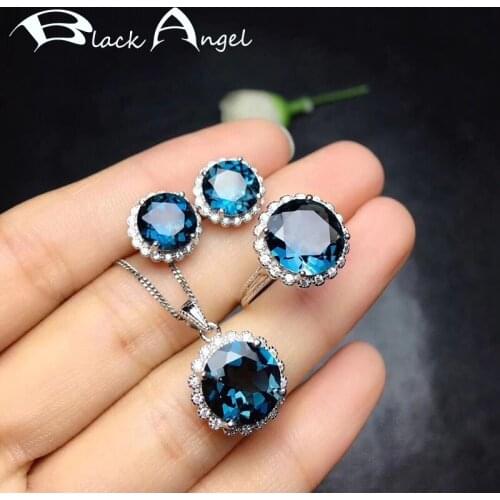 BLACK ANGEL 4 Carats 925 Silver Jewelry Set for Women Inlaid Sri Lanka Blue Crystal Gemstone Pendant Necklace Earrings Ring Gift
