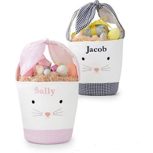 Check Ear Bow Tie Bunny Easter Basket Purple Plaid Easter Day Gift Bag Cartoon Blanks Bunny Bucket For Kid Egg Candies SN3608