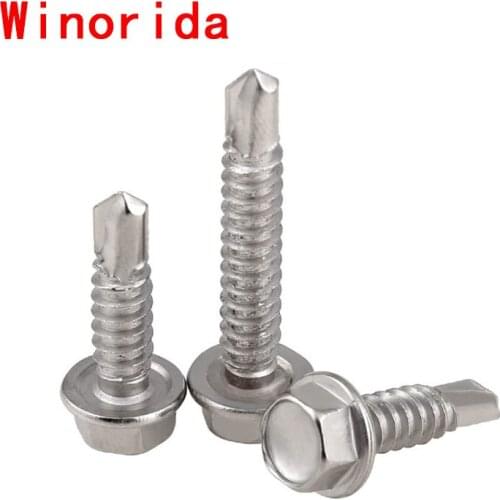 GuHua 410 Stainless Steel Hex Head with Collar Self Drilling Screw Hexagon Long Drill Tail Self Tapping Screws M5.2M6.3 5pcs