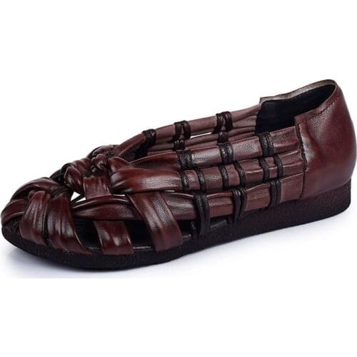 Summer woman sandals Genuine Leather Slip On Flat Toe Round Toe Soft bottom cloth Cutout Roman shoes Comfy Soft Retro Wedge