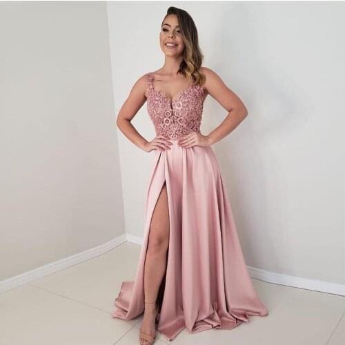 Sexy Pink Evening Dress V-neck Appliques Sleeveless A-line Front Split Long Formal Evening Party Dresses Backless Robe De Soiree