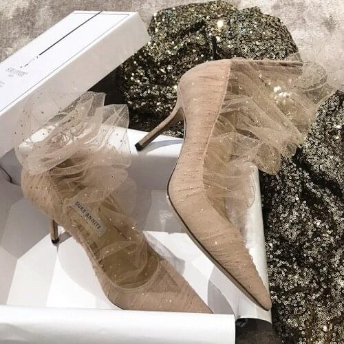 Luxury Pumps Women High Heels Shoes Woman Pointed Toe Mesh Buty Damskie Sexy Party Wedding Ladies Shoes Fashion Zapatos De Mujer