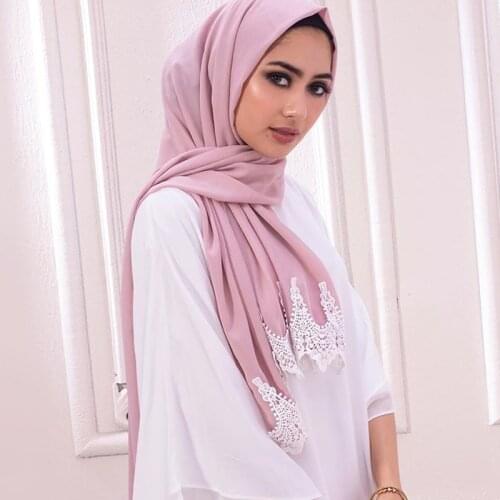 High Quality 175*75cm Bubble Pearl Chiffon Scarf Hijab Woman Embroidered Lace Ladies Muslim Plaid Shawl Fashion Headband