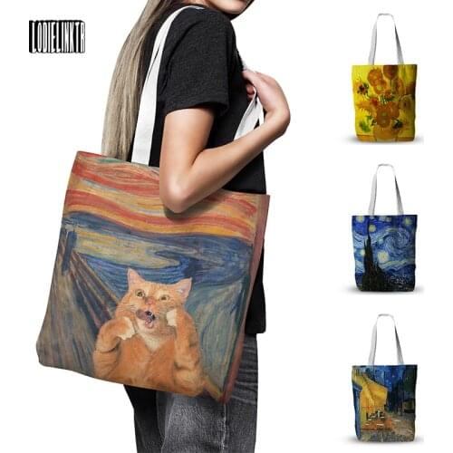 New Van Gogh Oil Painting Women Canvas Handbag Iris Flower Starry Night Retro Casual Female Shoulder Bag Reusable Shopping Bag