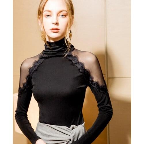 Womens Tops And Blouses High Neck Plus Velvet Slim Splice Black Sexy Lace Long Sleeve Strapless Chiffon Bottoming Shirt PJ362