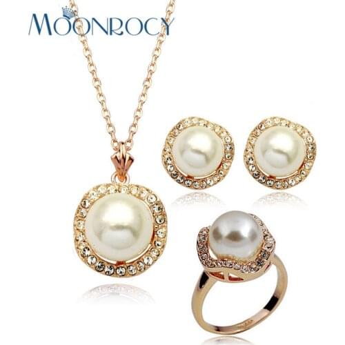 MOONROCY Imitation Pearl Crystal Necklace Earrings and Ring Jewelry Set Rose Gold Color for women Dropshipping