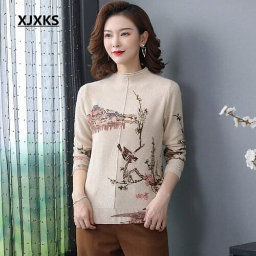 XJXKS Fashion diamond women printed sweater 2020 spring new 100% pure wool knitted turtleneck sweater women pullover