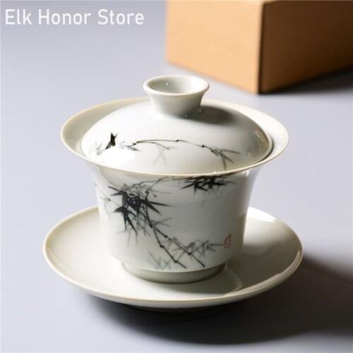 180ml Chinese Gaiwan Tea Set Kung Fu White Ceramic Gaiwan Blue and white porcelain Teaware Tureen Sancai Tea Cup For Puer Teaset