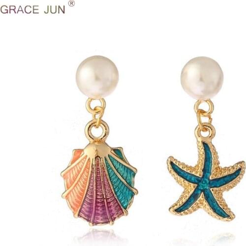 GRACE JUN Hot Sale Womens Luxury Colorful Enamel Sea Shell Star Shape Clip on Earrings and Drop Pierced Earrings High Quality