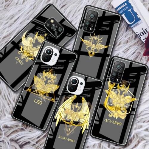 Tempered Glass Case For Xiaomi Mi Poco X3 NFC 10T Pro Note 10 Lite 9T 11 CC9 F3 Luxury Phone Cover Shell Anime Saint Seiya Logo