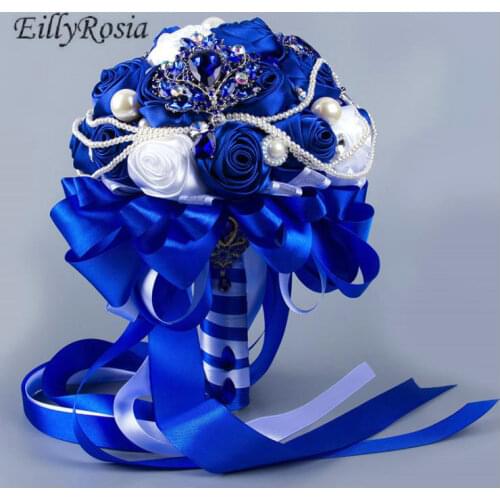 EillyRosia Royal Blue Brooch Bouquet Bridesmaid Silk Flowers Artificial White Pearls Jewelrys Wedding Bouquet Bleu For Bride