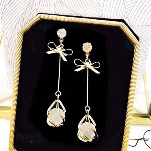 Elegant Opal Gold Color Long Drop Earrings For Women Trend 2021 Summer Fashion Bow Knot Zirconia Dangle Earrings Korean Jewelry