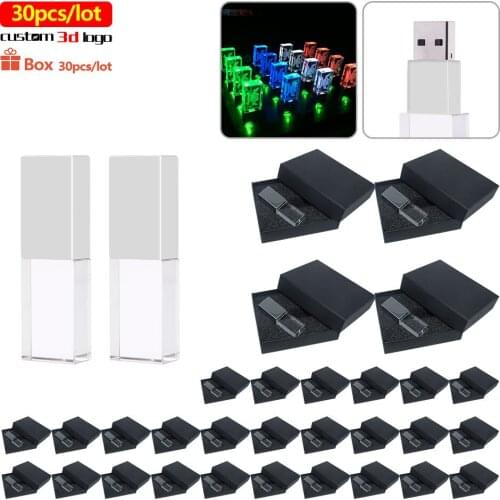 30pcs/lot free 3D LOGO Metal with crystal USB flash drive creative pendrive 8GB 16GB 32GB 64G memory stick with free Box and LED