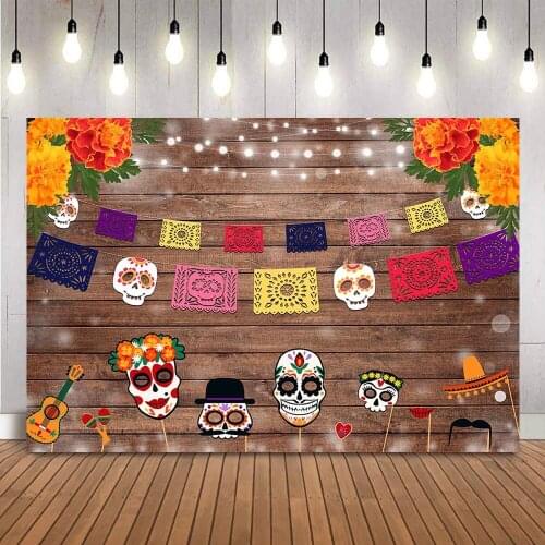 Photography Background Day of The Dead Mexican Fiesta Rustic wooden floor Dia DE Los Muertos Birthday Party Backdrop
