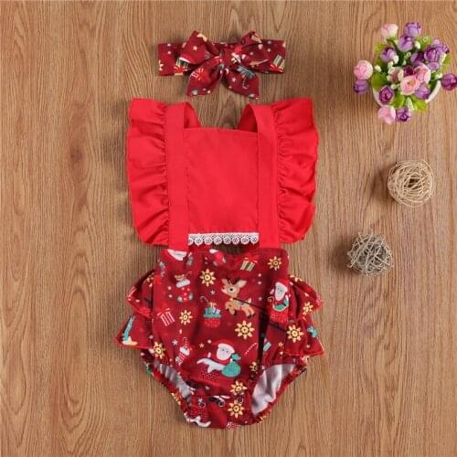 2 Piece Set Newborn Girl’s Christmas Suit Square Neck Ruffled Sleeve Santa Reindeer Print Romper and Hairband For 0-18M