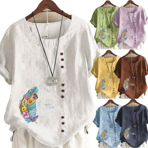 Summer New Fashion Ladies Color Printed Linen T-shirt Casual Loose Round Neck Short-sleeved Shirt Top Plus Size