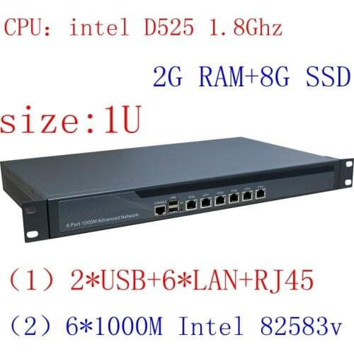 1U Rankmount Intel Atom D525 Router , 6 Lan Router/firewall networking Server,2G RAM 8G SSD