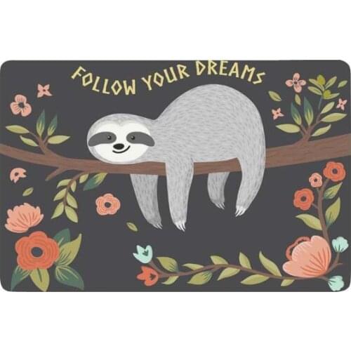 Cute Baby Sloth on The Tree Anti-Slip Door Mat Home Decor, Follow Your Dream Quote Indoor Outdoor Entrance Doormat Rubber Backi