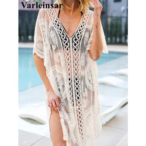 Sea Party Hollow-Out Bikini Cover Up Swimsuit Swimwear Sexy Loose Tunic Beach Dress 2020 Summer Women Casual Top Clothing V2174